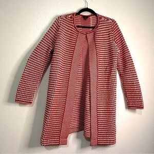 Talbots red & white long cardigan, 100% merino wool. Sz S. Preowned.